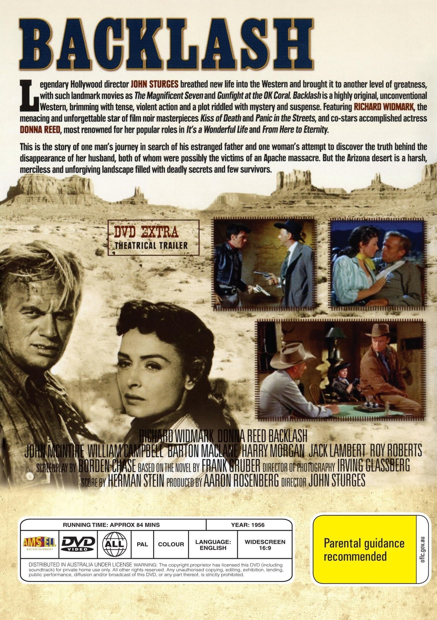 DVD cover of "Backlash" drama with Richard Widmark and Donna Reed, featuring the movie title and actors on the front.