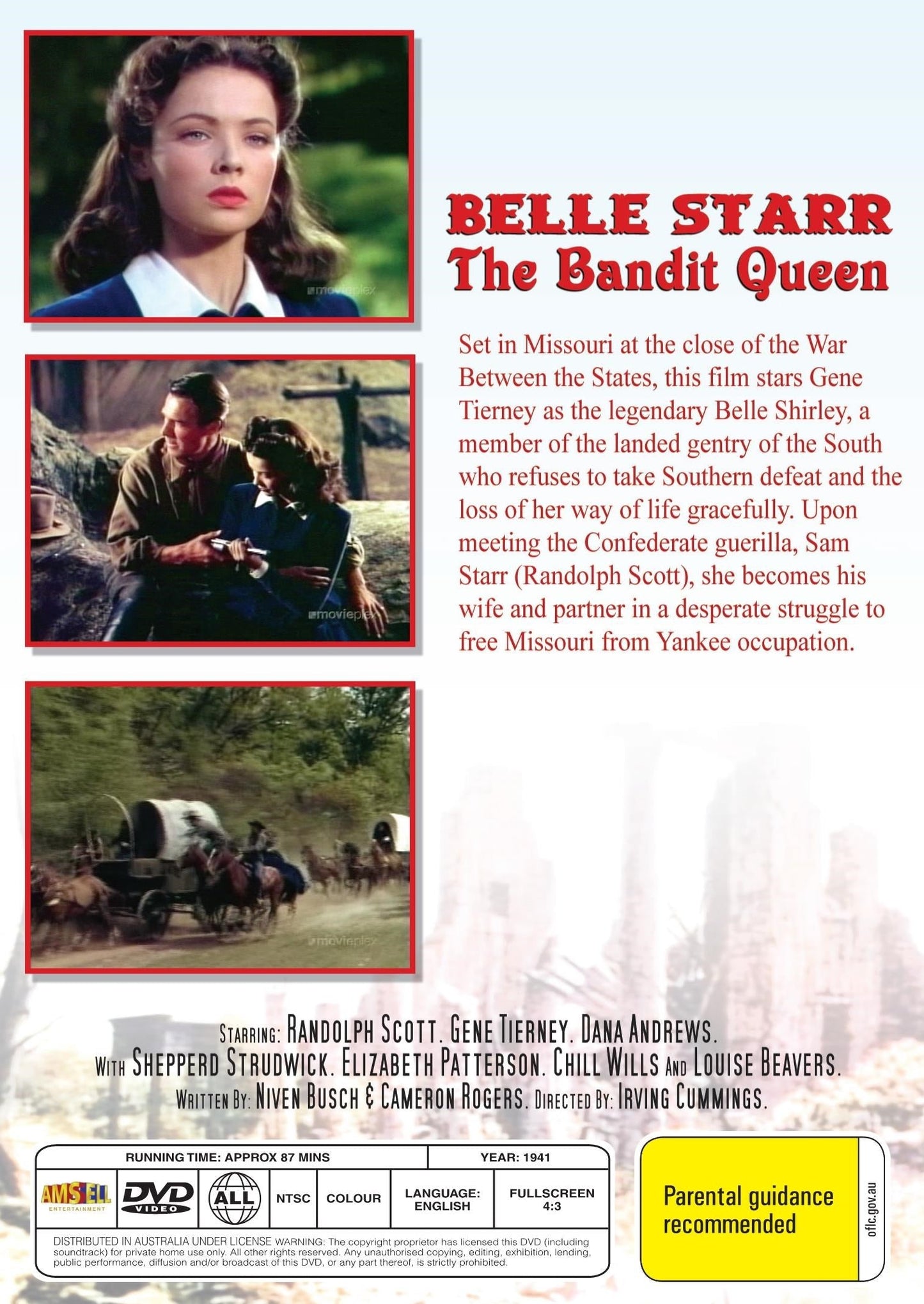 Western movie DVD featuring Belle Starr starring Randolph Scott and Gene Tierney, from rareandcollectibledvds.