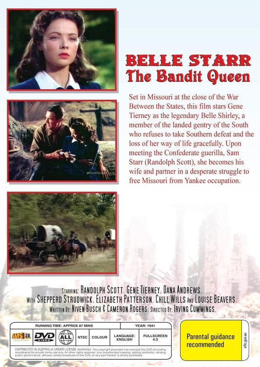 Western movie DVD featuring Belle Starr starring Randolph Scott and Gene Tierney, from rareandcollectibledvds.