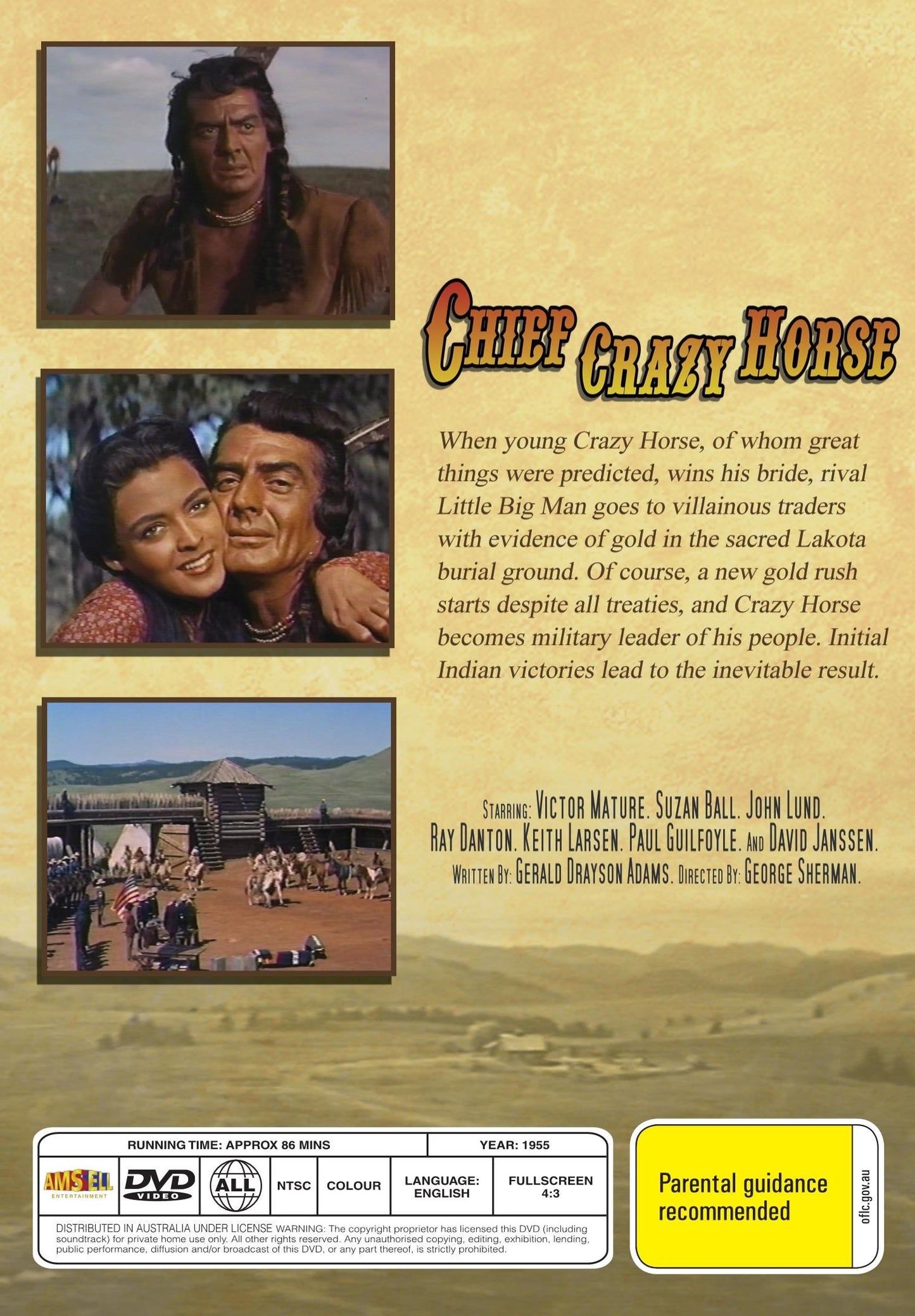DVD cover of Chief Crazy Horse drama featuring Victor Mature and Suzan Ball, from rareandcollectibledvds.