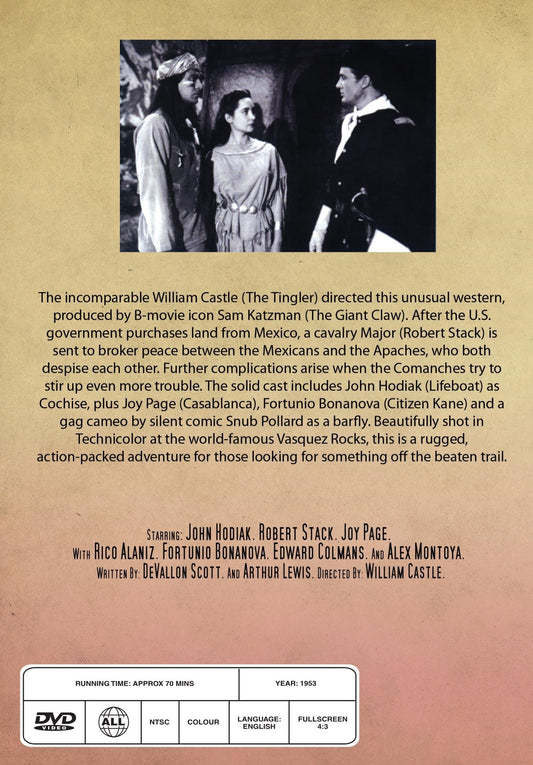 Conquest of Cochise DVD featuring Western film with John Hodiak and Robert Stack, displayed in a case with cover art.