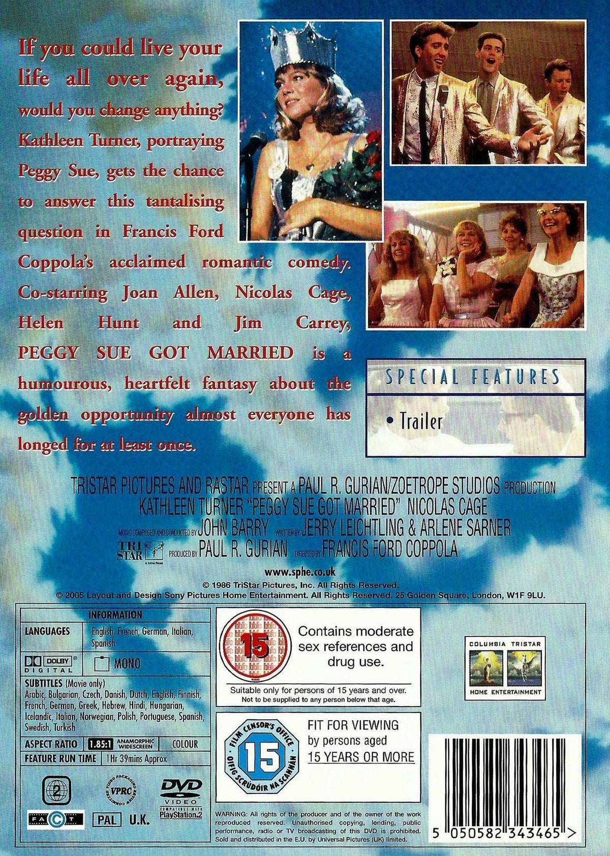 Peggy Sue Got Married DVD featuring Kathleen Turner and Nicolas Cage, a fantasy movie from the Rare and Collectible DVDs collection.