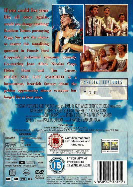 Peggy Sue Got Married DVD featuring Kathleen Turner and Nicolas Cage, a fantasy movie from the Rare and Collectible DVDs collection.