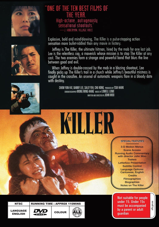 DVD of The Killer, an action movie starring Chow Yun-Fat and Danny Lee, with cover art showing the film's title and main actors.