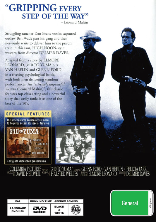 3:10 To Yuma DVD featuring Western stars Glen Ford and Van Heflin, showing the movie cover with Western-themed artwork.
