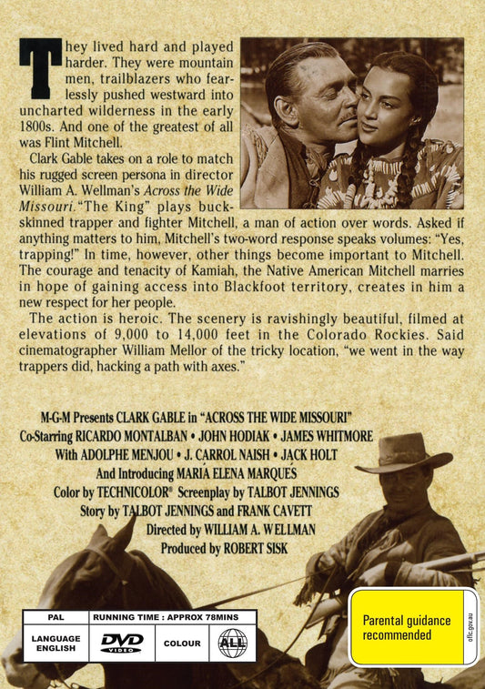 DVD cover of Across the Wide Missouri movie featuring Clark Gable and Ricardo Montalban, from Rare and Collectible DVDs.