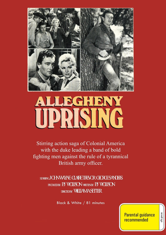 DVD cover of "Allegheny Uprising" drama movie featuring John Wayne and Claire Trevor, from rareandcollectibledvds.