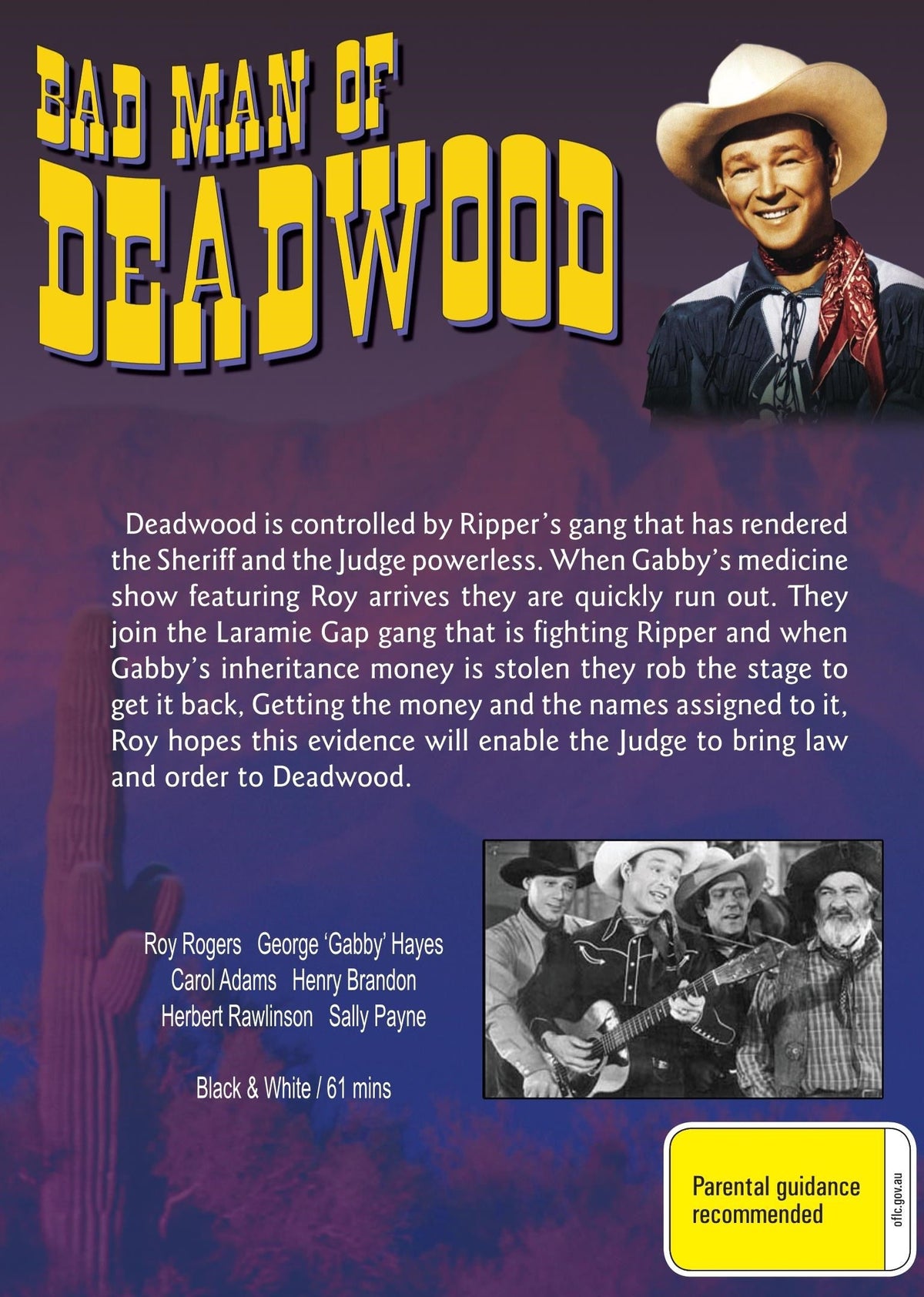 DVD cover of "Bad Man of Deadwood" drama featuring Roy Rogers and George "Gabby" Hayes, from Rare and Collectible DVDs.