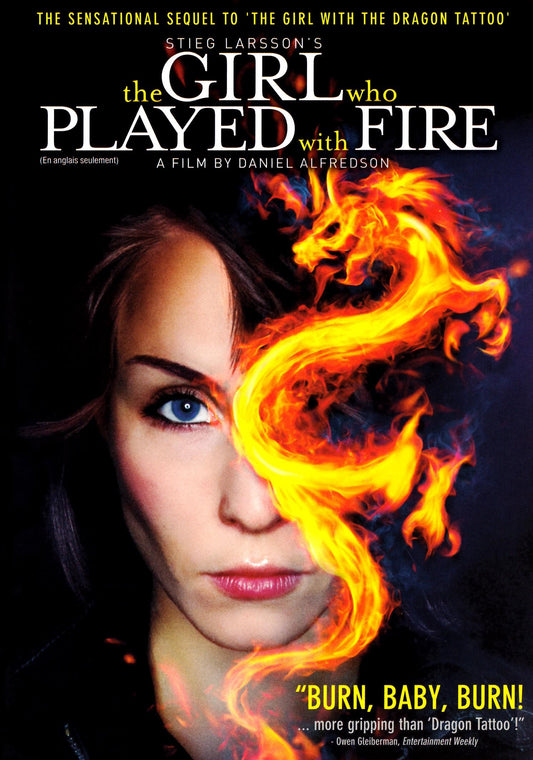 DVD cover of "The Girl Who Played with Fire" featuring action scenes with Michael Nyqvist and Noomi Rapace.