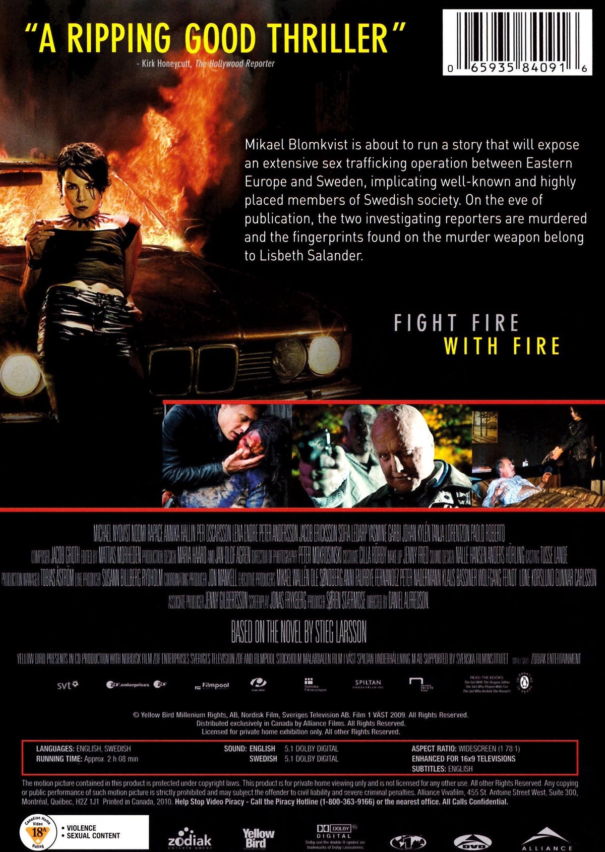 DVD cover of "The Girl Who Played with Fire" featuring Michael Nyqvist and Noomi Rapace, in the Action genre.