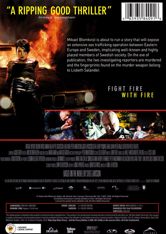 DVD cover of "The Girl Who Played with Fire" featuring Michael Nyqvist and Noomi Rapace, in the Action genre.