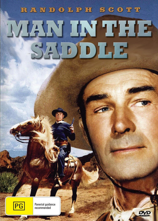 Man in the Saddle Western DVD featuring Randolph Scott and Joan Leslie, showing the cover with cowboy and western scenery.