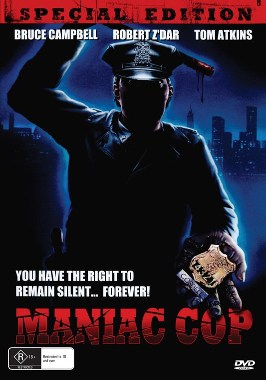 Maniac Cop DVD featuring Tom Atkins and Bruce Campbell, horror movie cover with dark, intense imagery from rareandcollectibledvds