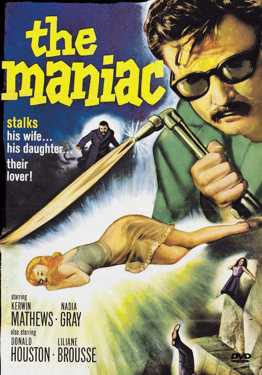 DVD cover of Maniac featuring Joe Spinell and Caroline Munro, from Rare and Collectible DVDs, in a crime movie.