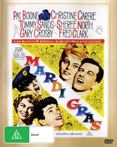 DVD cover of Mardi Gras musical featuring Pat Boone and Christine Carère, with colorful artwork and cast images.