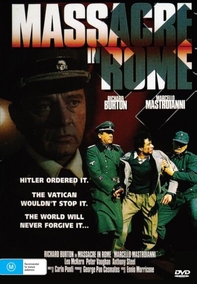 DVD cover of "Massacre in Rome" featuring Richard Burton and Marcello Mastroianni, historical film from rareandcollectibledvds.