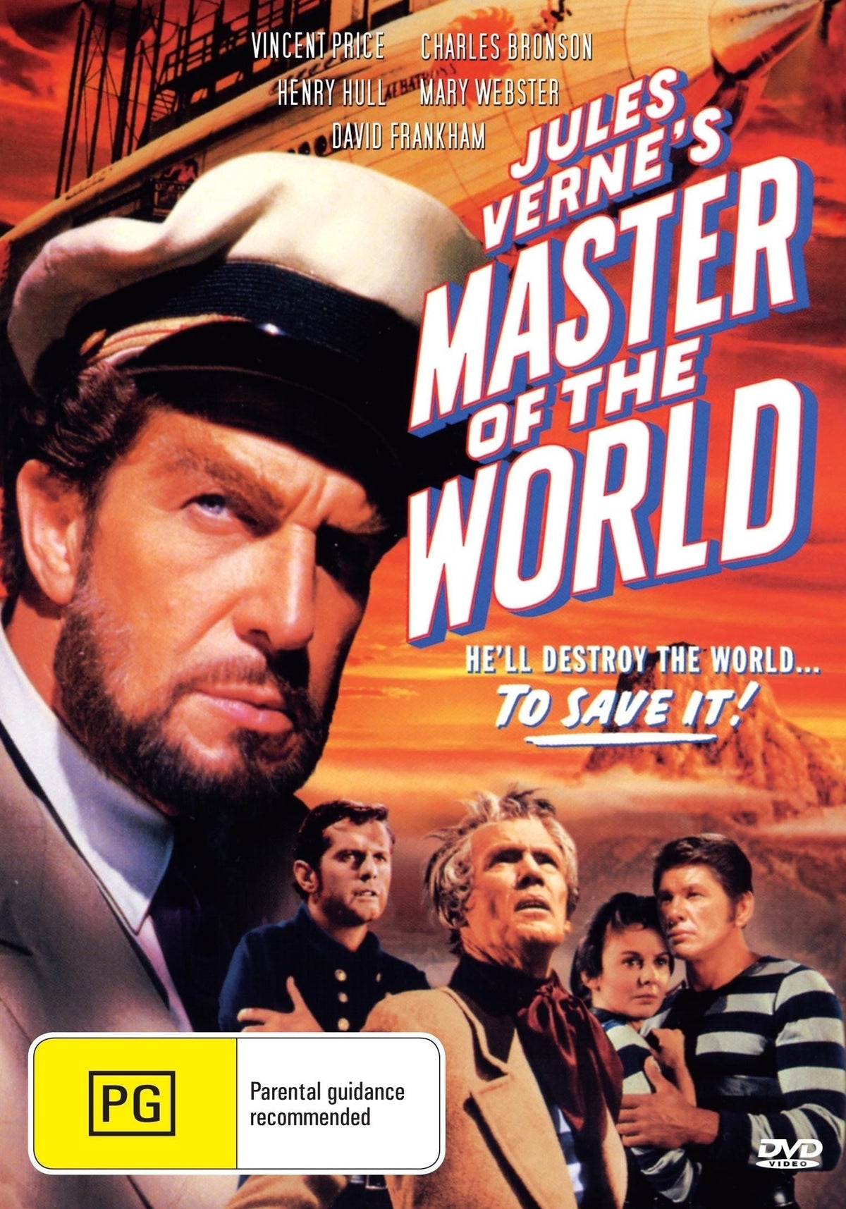 DVD cover of "Master of the World" featuring Vincent Price and Charles Bronson, depicting an adventure film with vintage artwork.