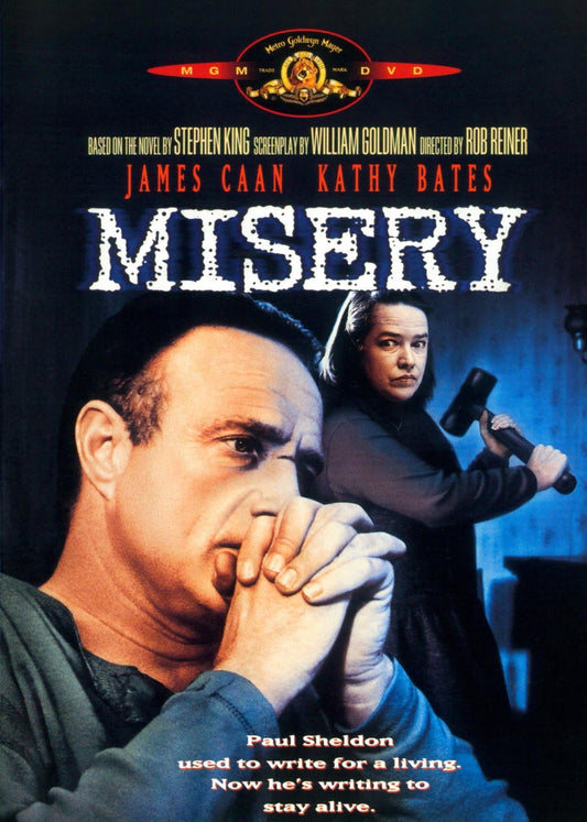 DVD of the thriller film Misery starring James Caan and Kathy Bates, featuring cover art with movie title and actor images.
