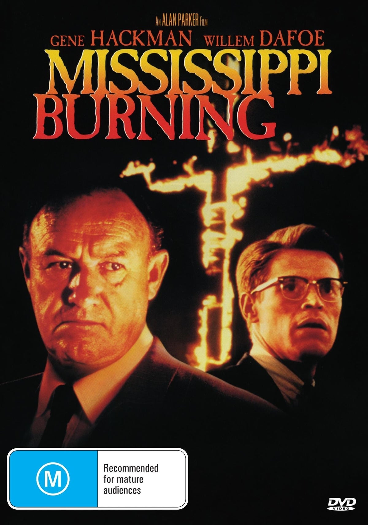 Mississippi Burning DVD featuring Gene Hackman and Willem Dafoe, action movie with a film reel and DVD case on a white background