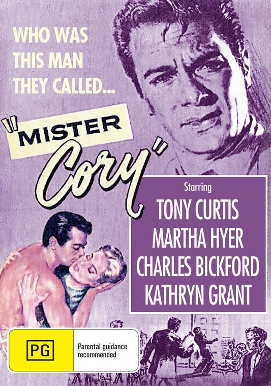 DVD cover of Mister Cory thriller featuring Tony Curtis and Martha Hyer, available from RareandCollectibleDVDs.