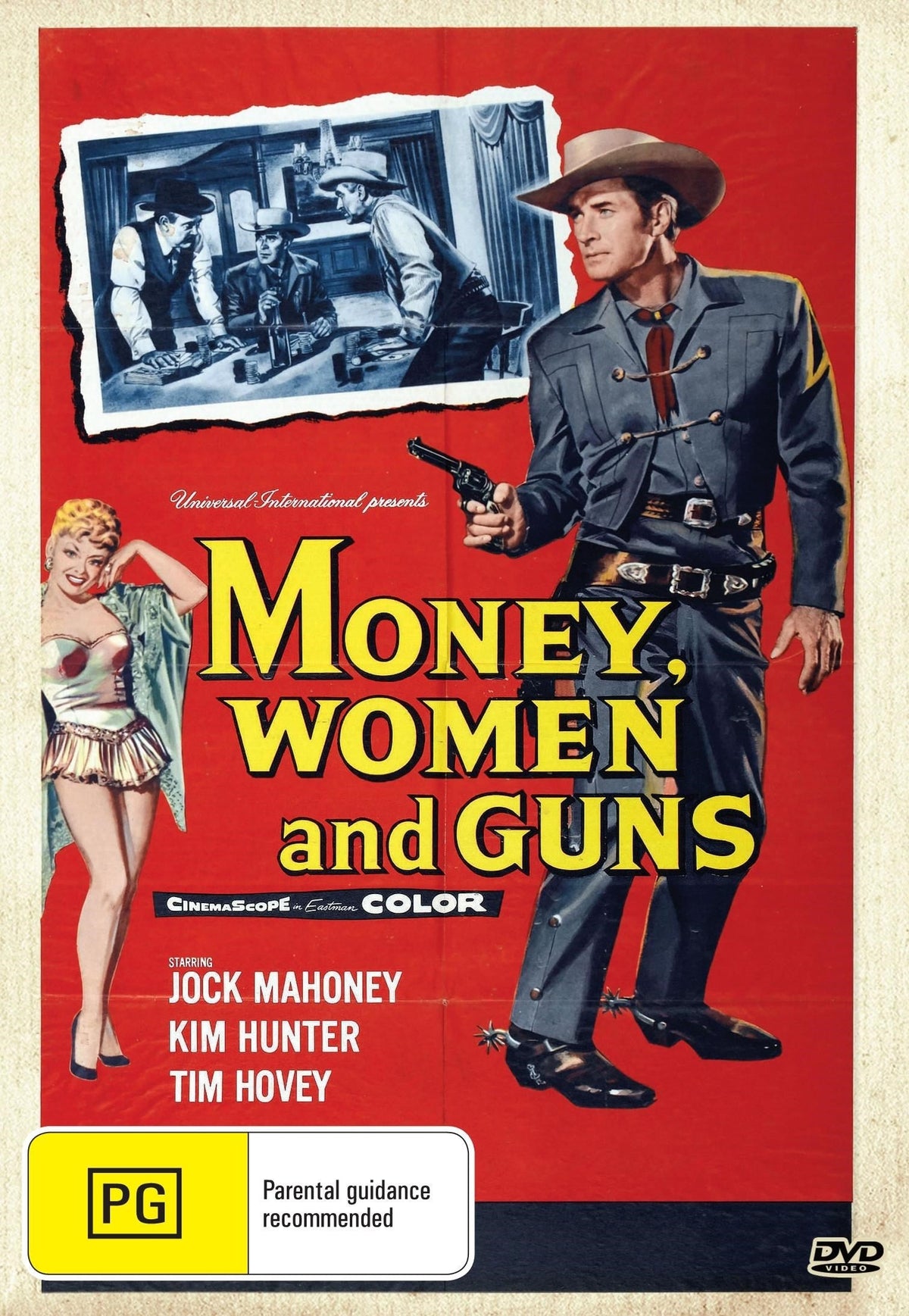 DVD cover of "Money Women and Guns," a mystery film featuring Jock Mahoney and Kim Hunter, with a dramatic scene.