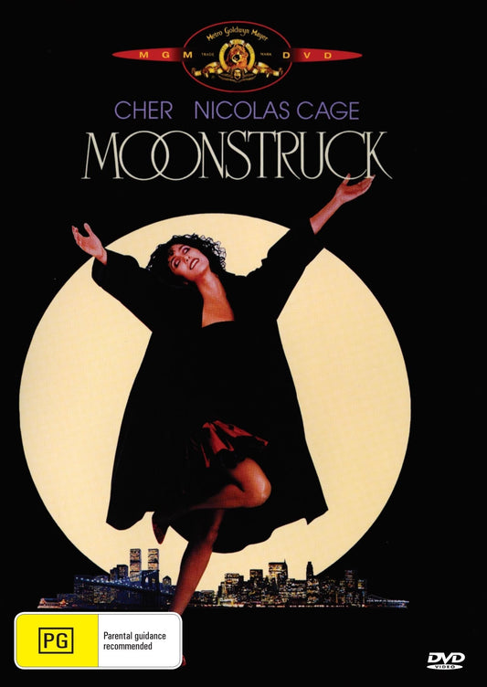 Moonstruck DVD featuring Cher and Nicolas Cage, comedy film, with cover art showing the movie title and cast.