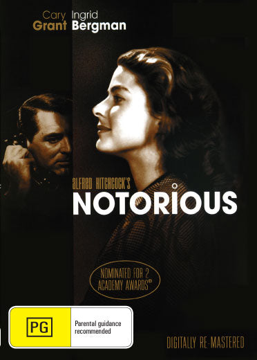 Notorious DVD featuring Cary Grant and Ingrid Bergman, a classic thriller movie, with artwork showing the film's cover and title.