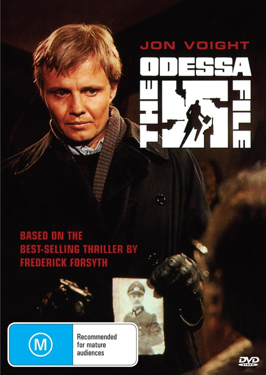 DVD of Odessa File spy movie featuring Jon Voight and Maximilian Schell, showing the cover art with title and actor images.