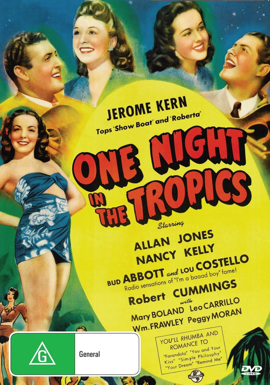 DVD cover for "One Night in the Tropics" featuring Allan Jones and Nancy Kelly, a classic romance film in the rareandcollectibledvds collection.