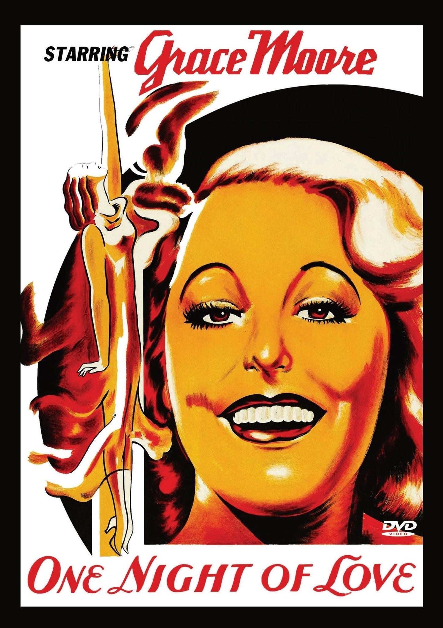 DVD cover for "One Night of Love" starring Grace Moore, featuring Tullio Carminati, showcasing vintage music and classic film artwork.