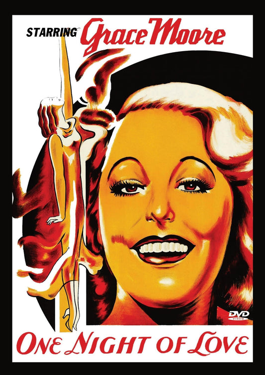 DVD cover for "One Night of Love" starring Grace Moore, featuring Tullio Carminati, showcasing vintage music and classic film artwork.