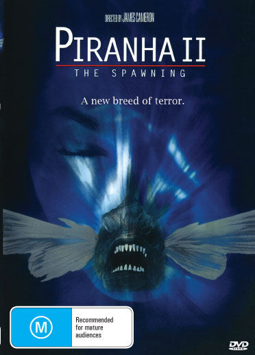 DVD cover of Piranha II: The Spawning with Tricia O'Neil and Steve Marachuk, featuring horror-themed artwork and title text.