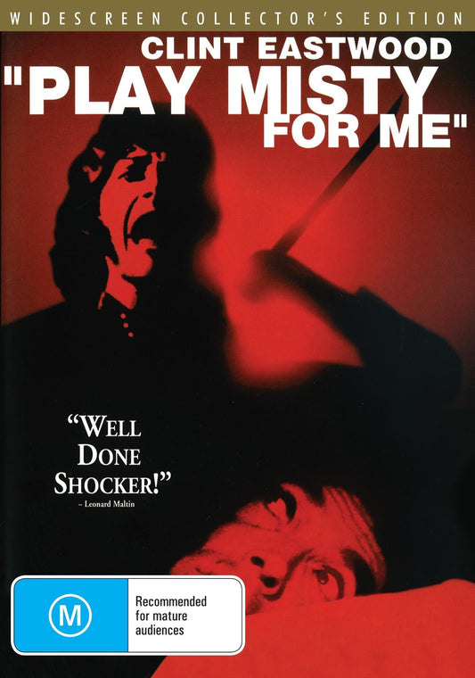 DVD cover of "Play Misty for Me" thriller with Clint Eastwood and Jessica Walter, featuring the movie title and main actors.