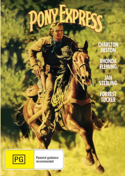 DVD cover of "Pony Express" featuring Charlton Heston and Rhonda Fleming, showcasing vintage Western movie imagery.