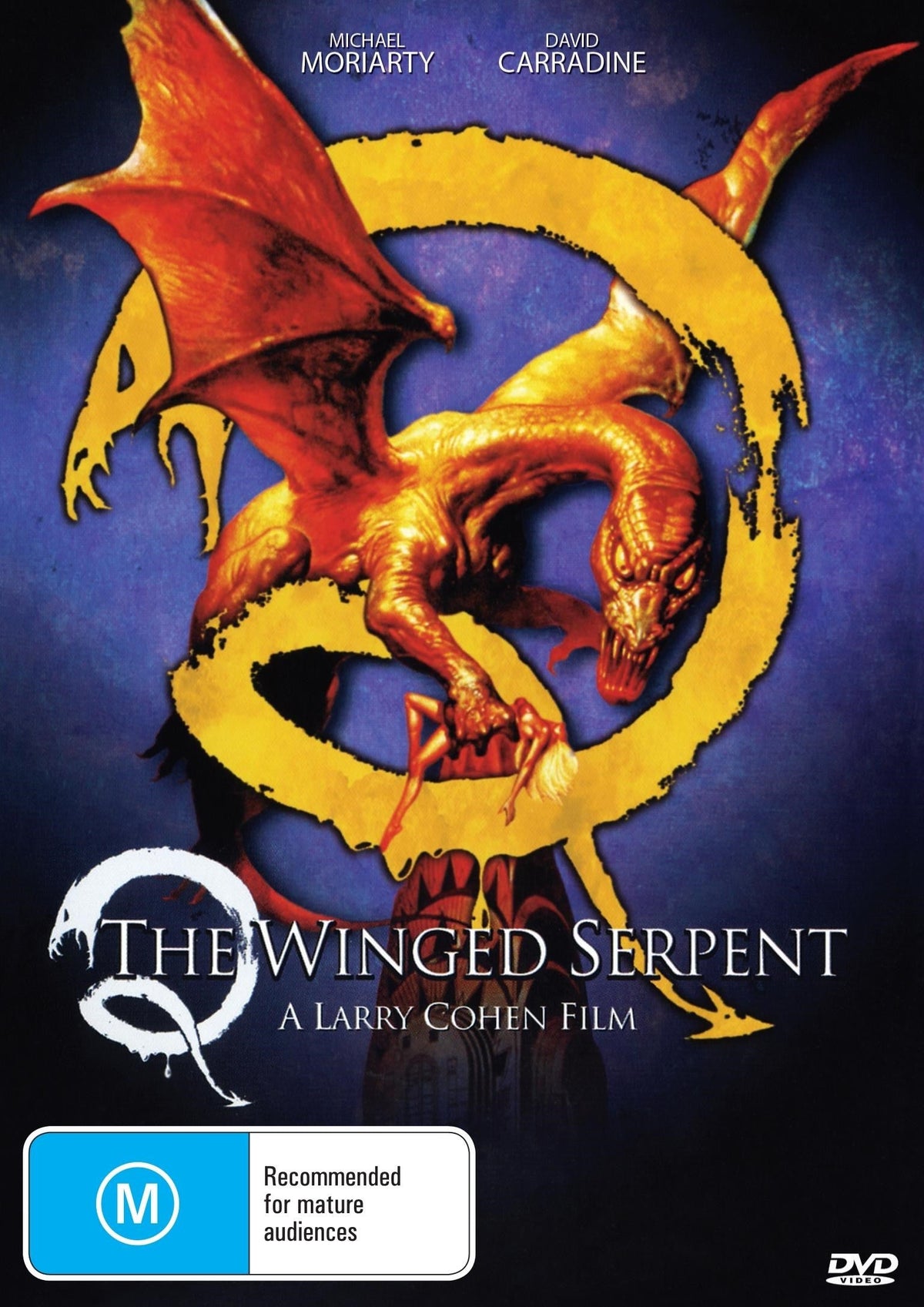 DVD cover of Q The Winged Serpent featuring fantasy imagery with actors David Carradine and Michael Moriarty.