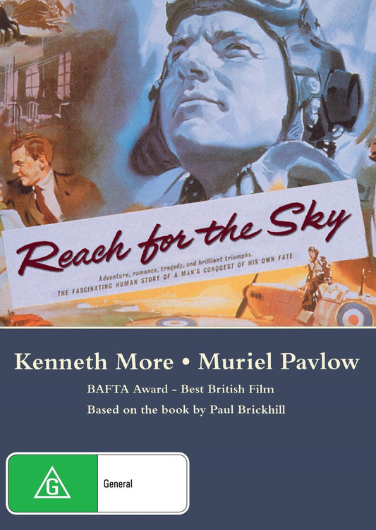 DVD cover of "Reach for the Sky" drama featuring Kenneth More and Muriel Pavlow, showcasing the film's title and cast.