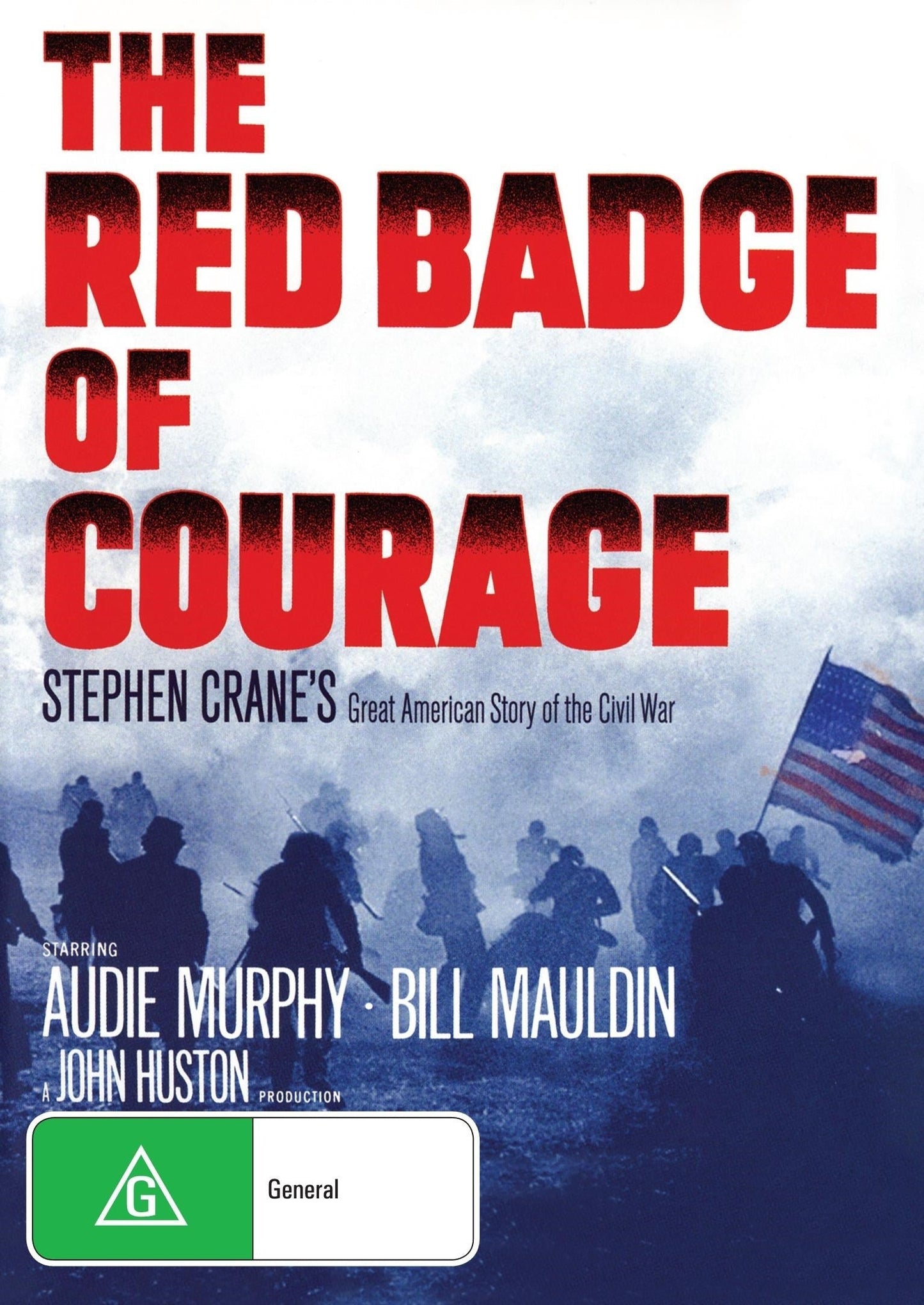 Red Badge of Courage DVD featuring Audie Murphy drama with Bill Mauldin artwork, collectible e-commerce movie product.