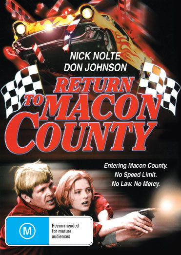 DVD cover of Drama "Return To Macon County" featuring actors Nick Nolte and Don Johnson, with a scene from the film.