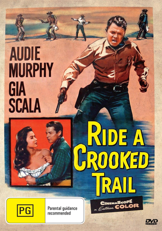 DVD cover of "Ride a Crooked Trail" drama featuring Audie Murphy and Gia Scala, showing actors and movie title.