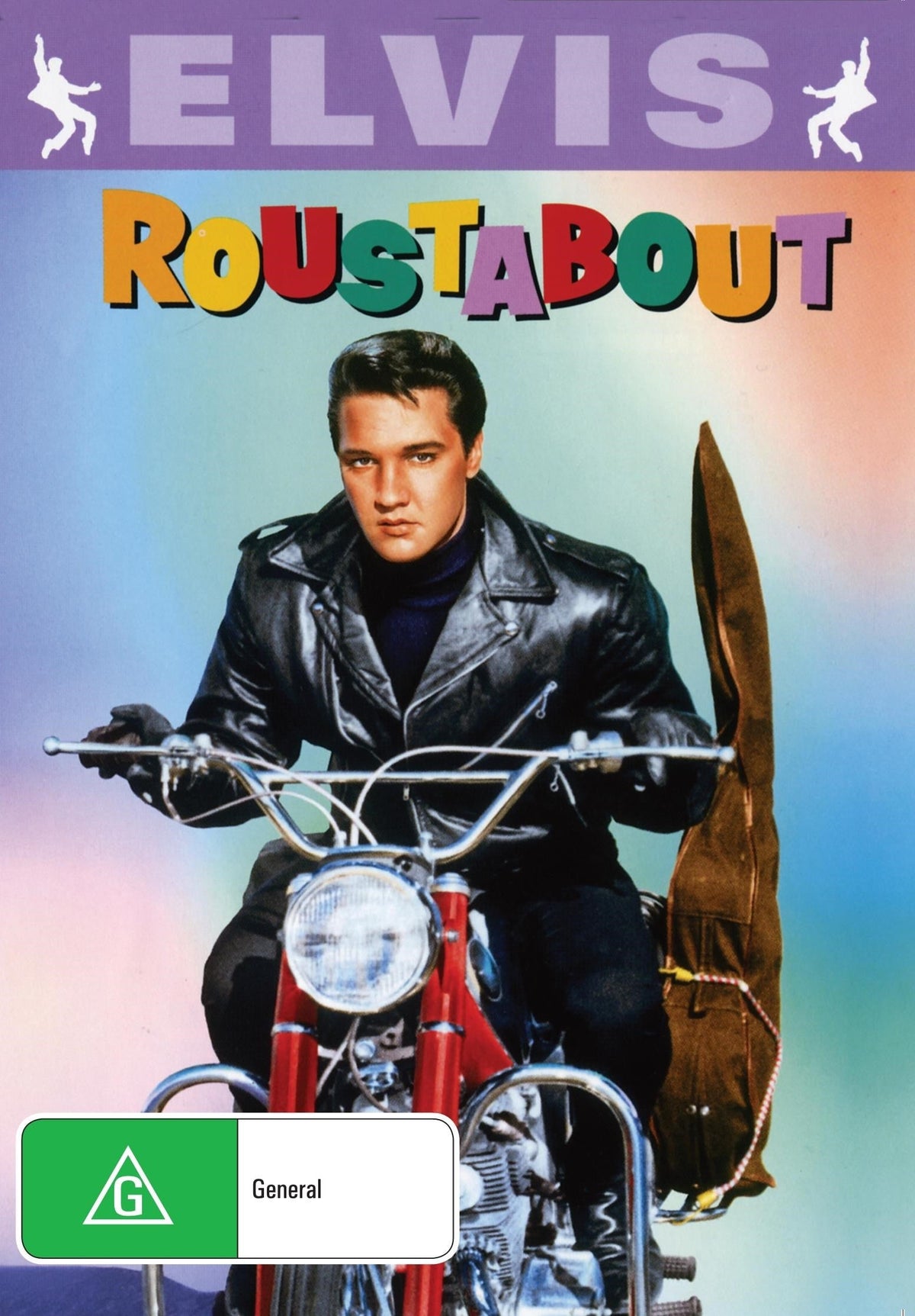 DVD cover of "Roustabout" drama featuring Elvis Presley and Barbara Stanwyck, showing the movie poster with Elvis and Barbara Stanwyck.