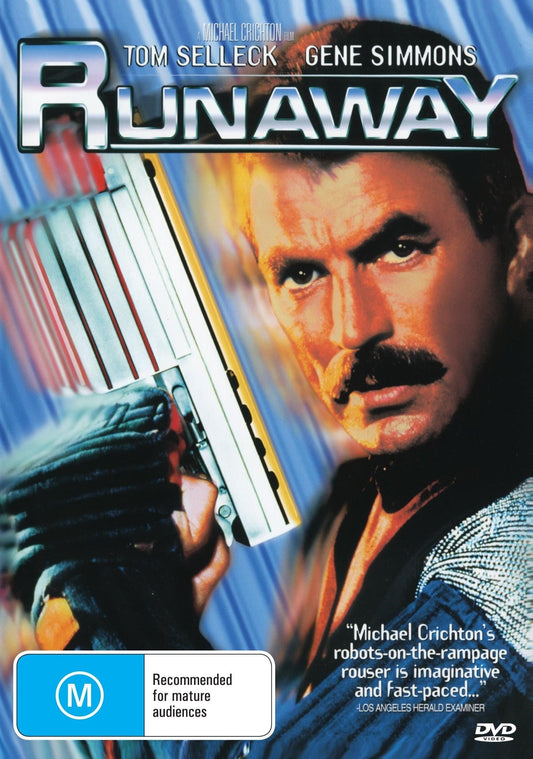 Runaway DVD featuring action stars Tom Selleck and Cynthia Rhodes, with cover art showing the movie's dynamic scene.