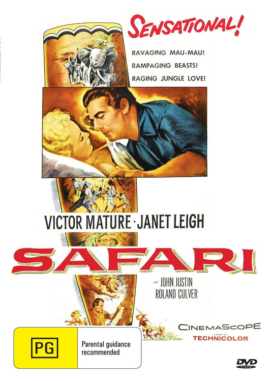 DVD cover for Safari adventure film starring Victor Mature and Janet Leigh, available as a collectible from rareandcollectibledvds