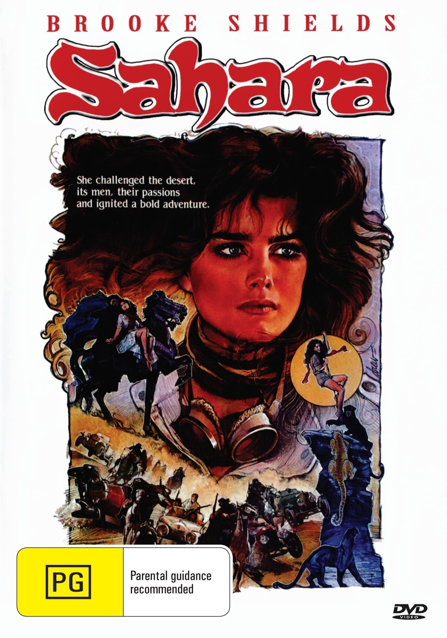 Sahara on DVD, adventure movie starring Brooke Shields and Lambert Wilson, image shows the DVD case with cover art.