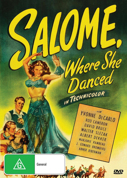 DVD cover for Salome Where She Dances featuring Yvonne De Carlo and Rod Cameron, with music and vintage film imagery.