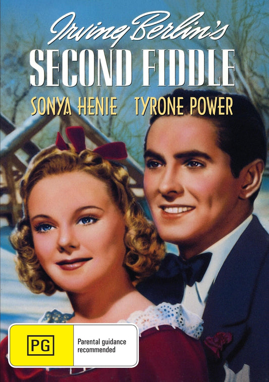 DVD cover of "Second Fiddle" featuring Sonja Henie and Tyrone Power, a classic romance film on a vintage DVD disc.