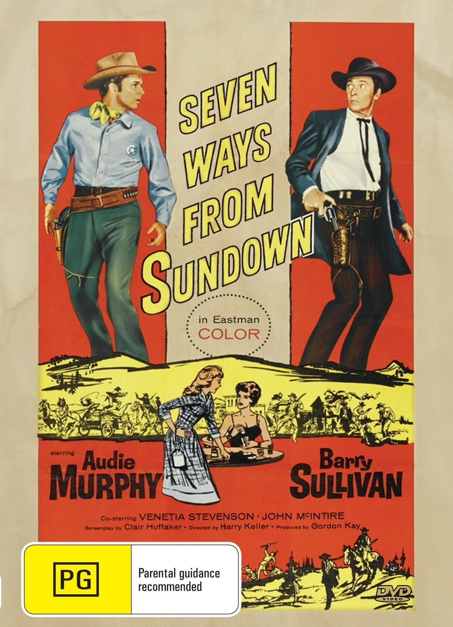 Seven Ways from Sundown DVD, a classical Western film, featuring vintage western imagery and the Rareandcollectibledvds brand logo.