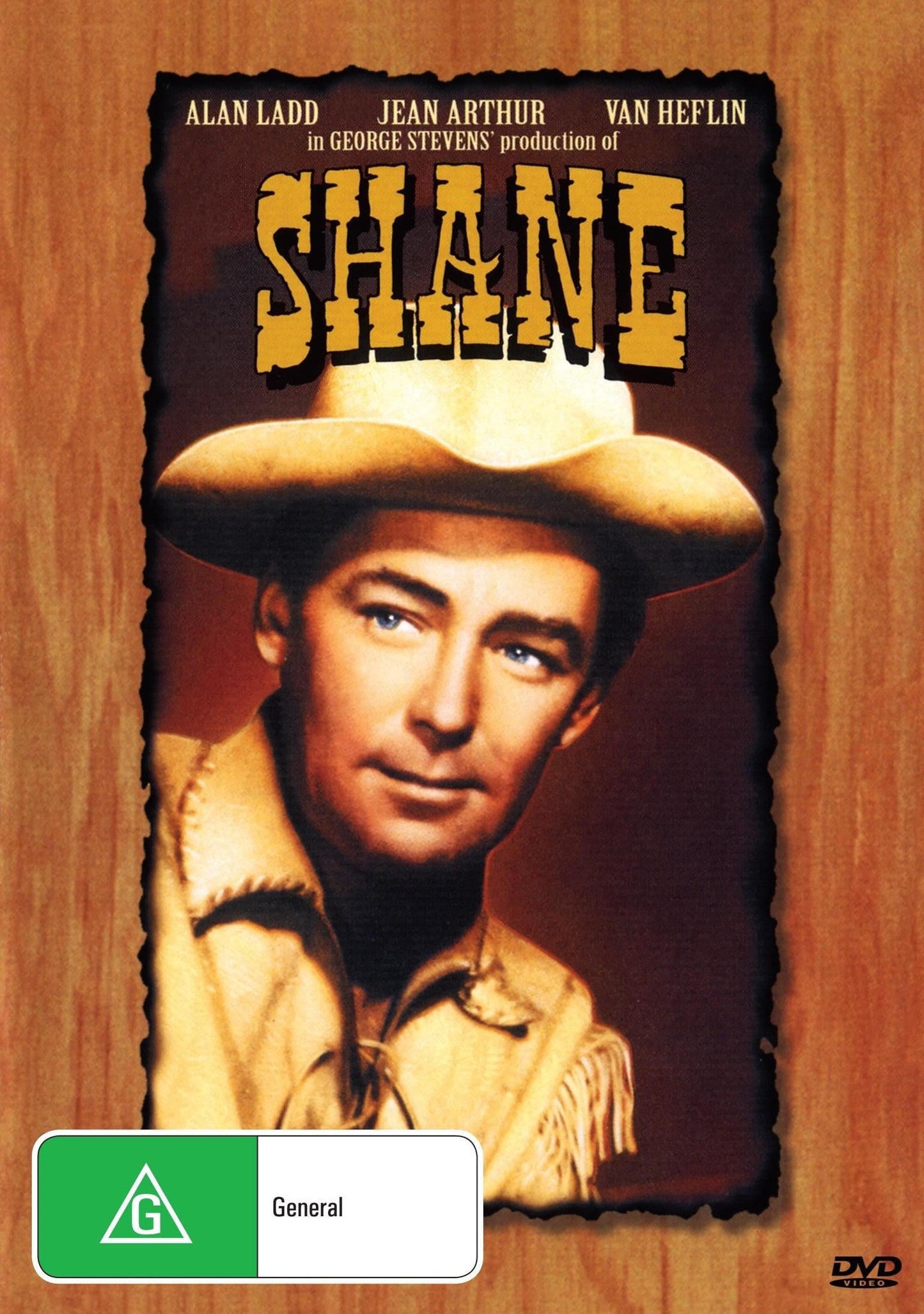 Western DVD featuring Alan Ladd in Shane with Jean Arthur, available from rareandcollectibledvds, showing the DVD case and cover art.