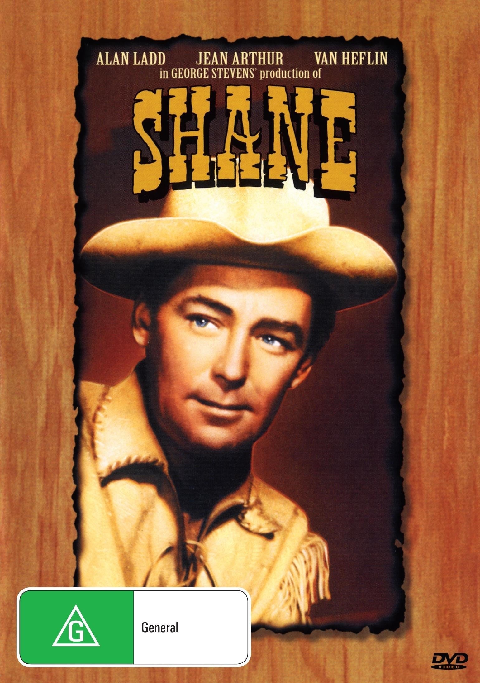 Western DVD featuring Alan Ladd in Shane with Jean Arthur, available from rareandcollectibledvds, showing the DVD case and cover art.
