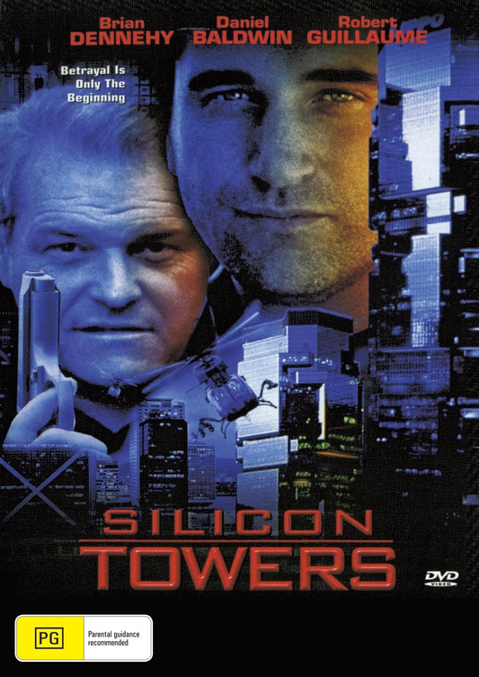 Silicon Towers DVD thriller featuring Daniel Baldwin and Kendall Clement, displayed with cover art and DVD case.