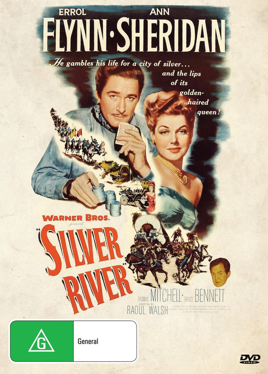 Silver River DVD featuring Errol Flynn and Ann Sheridan, romantic adventure movie with classic film imagery.